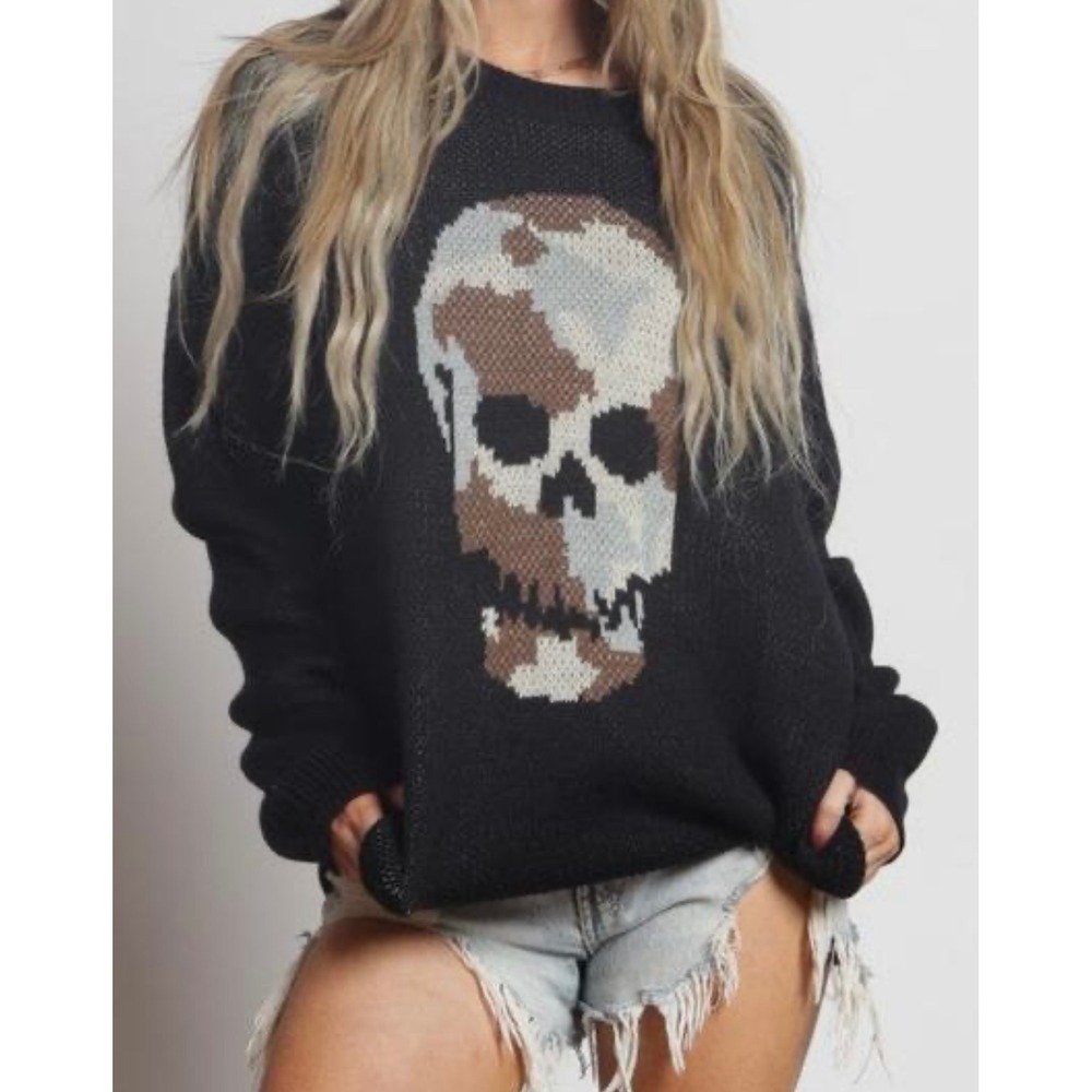 Blue Buttercup Knit Skull Sweater Black Camo Intarsia‎ SW70186 Mens Womens M NEW